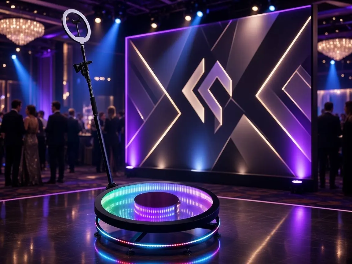 360 photo booth with an infinity-mirror LED platform and ring-light camera arm at a ballroom gala
