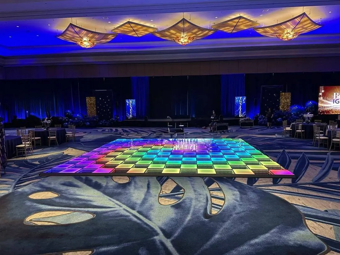 Rainbow checkered frosted and infinity LED dance floor in the ballroom at Hyatt Regency Orlando