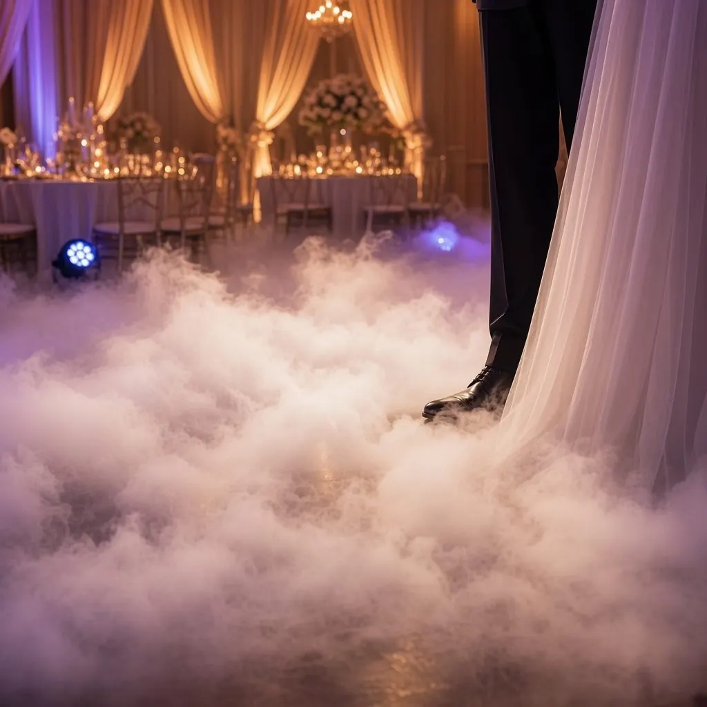 Low-lying dry ice fog covering a reception dance floor around a couple during their first dance